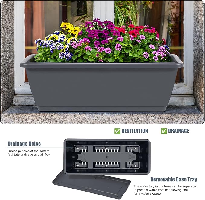 Deck Railing Planter Boxes 2 Tier Grey Window Boxes Planters Set of 2 with 4 Pack Rectangular Planter 16.9 Inch Outdoor Balcony Hanging Planters with Adjustable Brackets for Garden Porch Patio