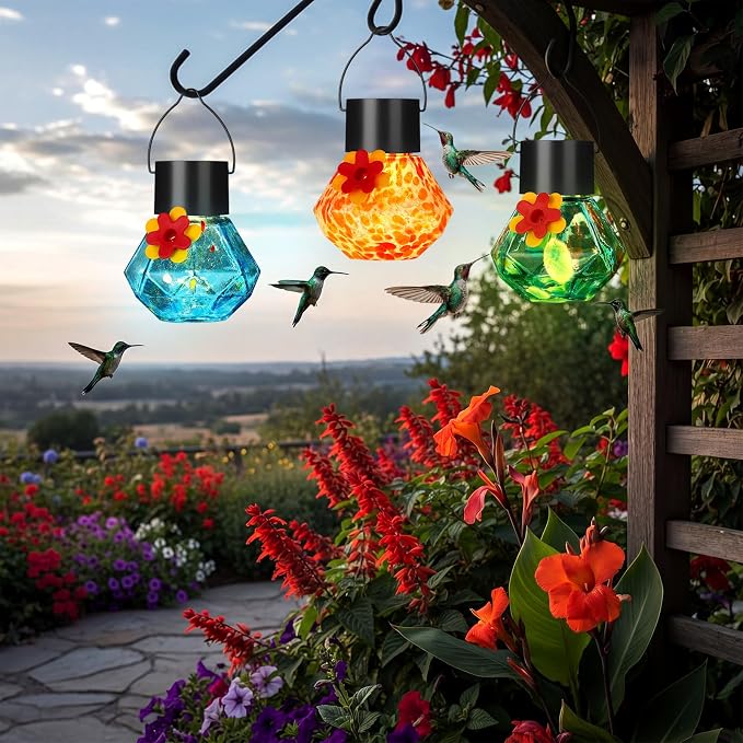 Nuogo 3 Pcs 3.54 Inch Blown Glass Hummingbird Feeders Solar Powered Hummingbird Feeder with LED Light for Garden Outdoors Window Decor Valentine Hanging Gifts Ant and Bee Resistant (Color C,Novel)