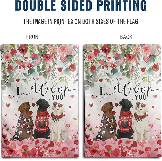 Dog Valentine House Flag 28 x 40 Double Sided Valentines Day Outdoor Decorations White Black Lab Garden Signs Chocolate Labrador Love Heart Yard Banner for Outside