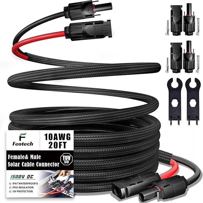 Twin Wire 20 Feet Solar Extension Cable 10AWG with -IP67- Female and Male Connector, Bonus Two Pairs of Free Connector Solar Panel Adapter kit Tools (4 Pairs connectors)