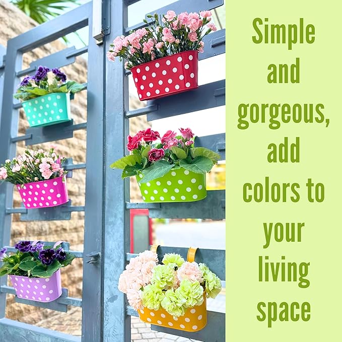 LaLaGreen Rail Planter Outdoor Plants (17 Inch, 6 Pack) Large Colorful Metal Iron Hanging Flower Pot Deck Railing Fence Buckets Countryside Style Window Plant Holder Hooks Porch Decor