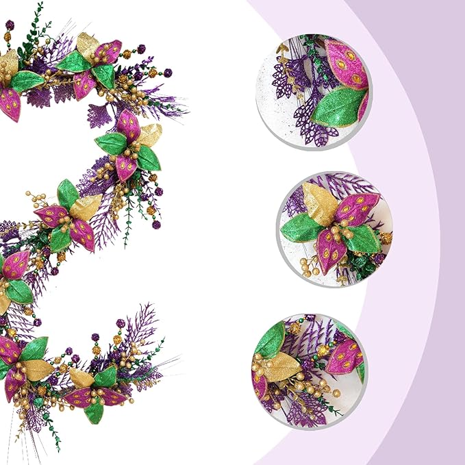 70 Inch Mardi Gras Glitter Garland, Purple Gold Green Poinsettia Flower Garland with Balls for Mantel, Door, Walls, Carnival Indoor Outdoor Home Decor