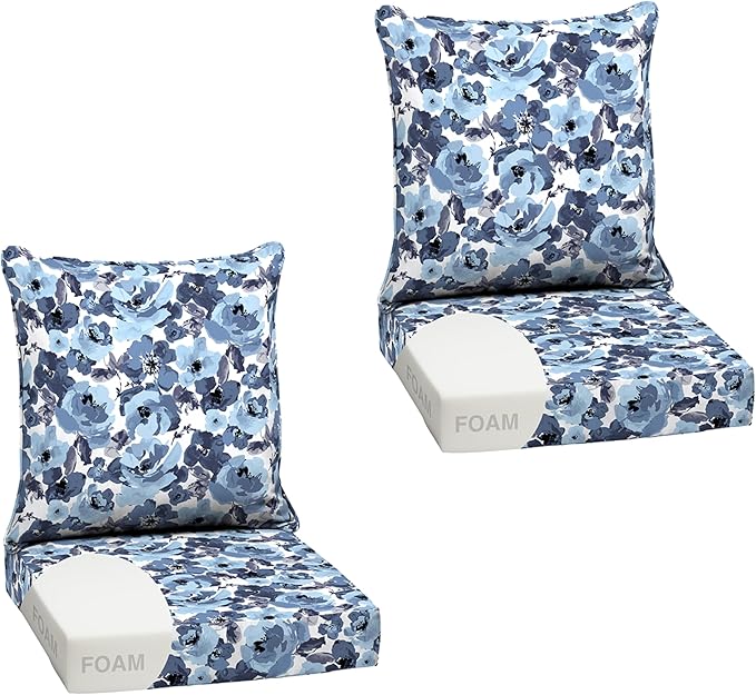 Arden Outdoor Foam Deep Seat Cushion Set (2-Pack), 24x24, Premium High-Density Foam, Never Flattens, Weather-Proof for Patio Chair Sofa Couch, Blue Garden Floral