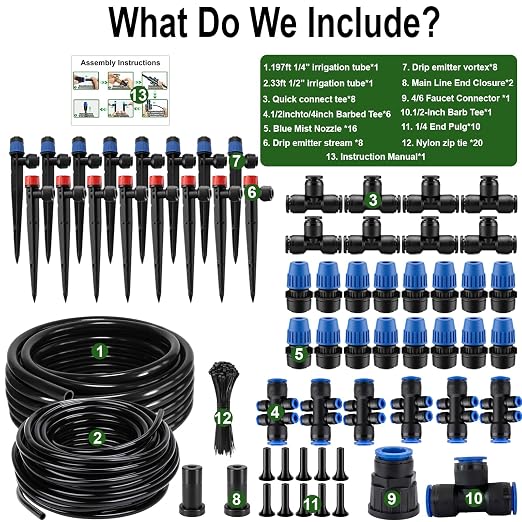 Drip Irrigation Kit – 230FT Automatic Garden Watering System with Quick-Connect 1/4" & 1/2" Fast-Lock Tubing, Adjustable Nozzles & Sprinklers for Greenhouse, Lawn, Potted Plants