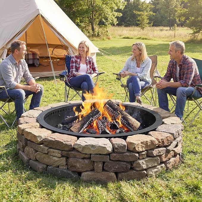 Smokeless Fire Pit Ring, 32 inch Outer/28 inch Inner Outside Fire Pit, Heavy Duty Large Solid Metal Steel Round Firepit Rim Insert for Outside Wood Burning, DIY Campfire Ring
