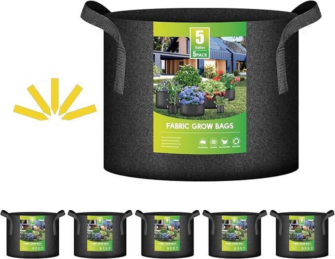 iPower 5-Pack 5 Gallon Thickened Grow Bags Nonwoven Fabric Pots Aeration Container with Strap Handles for Garden and Planting, Black