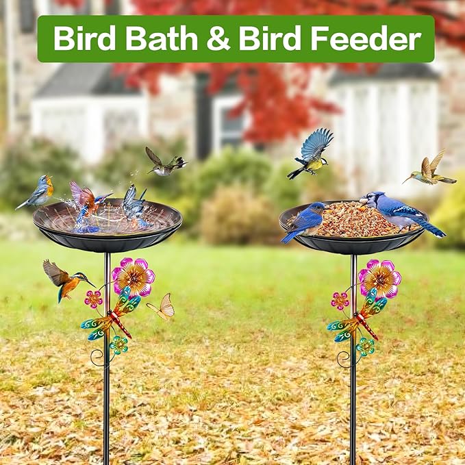 Metal Bird Bath for Outside, Removable Birdbath Feeder Bowl for Outdoors, Freestanding Bird Baths with Upgraded 5-Pronged Base for Garden Patio Yard Lawn Decor (Vintage Red-Yellow)