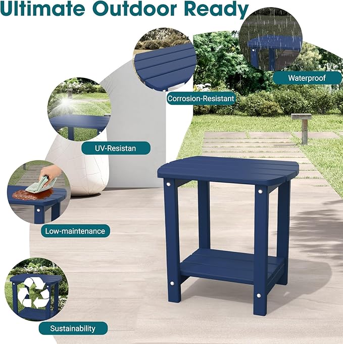 THOEOE Adirondack Outdoor Side Table, 2-Tier Sturdy Patio End Table Weather Resistant, Morden Side Table for Patio, Pool, Porch, Navy Blue