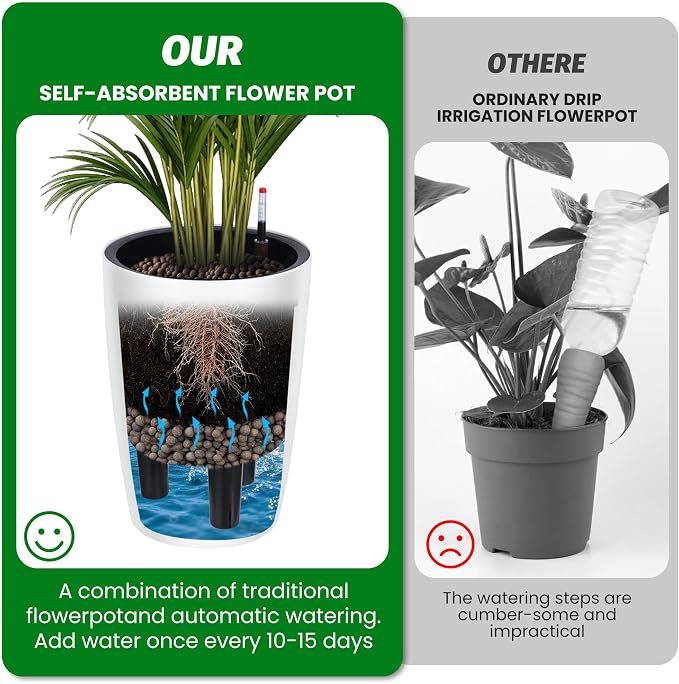 Garvee Tall Planters for Outdoor Plants, 16 in Large Planters Set of 4, Outdoor & Indoor Planters with Water Level Monitor ＆ Inner Bucket, Automatic Watering, for Porch, Patio, Backyard, White