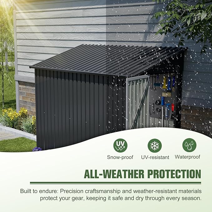 YOPTO 4x8 FT Lean to Outdoor Storage Shed,Metal Shed W/Floor Frame & Reversible Installation,All Weather Waterproof Garden Tool House W/Lockable Door & 2 Air Vents,for Backyard,Patio,Lawn,Black