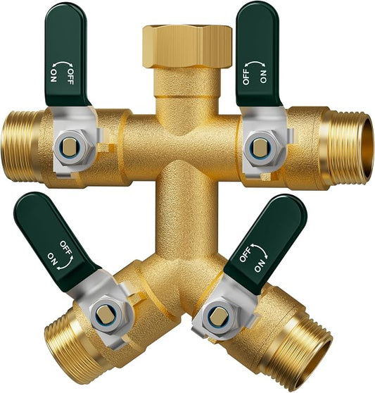 EBH Garden Hose Splitter 4 Way, Heavy Duty Solid Brass Hose Splitter with Shutoff Valves, Water Spigot Splitter With 304 Stainless Steel Handle, Full Flow Outdoor Faucet Splitter, 3/4" GHT Thread