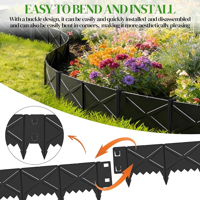 Hlogree 6 Pack Metal Landscape Edging, Garden Edging, Garden Border with 6 Pcs Anchor Stakes, No-Dig Hammer-in Heavy Duty Metal Edging Border for Flower Bed, Yard & Pathway (X-Shaped Black, 8inch)