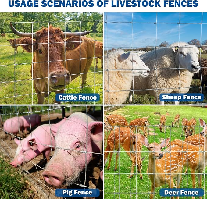 Farm Fence, 4ft x 164ft Galvanized Wire Fencing with Heavy Zinc Coating, Woven Hog Wire Fence for Cattle, Deer, Sheep, Goat, Livestock & Animals Protection, Fencing for Yard, Cattle Panel