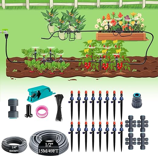 MYMULIKE 75FT Drip Irrigation System, 1/2" Main Pipe & 1/4" Branch Pipe, Adjustable Drip Emitters, Automatic Irrigation Kit Garden Watering System for Flower Bed, Raised Beds, Lawn, Greenhouses