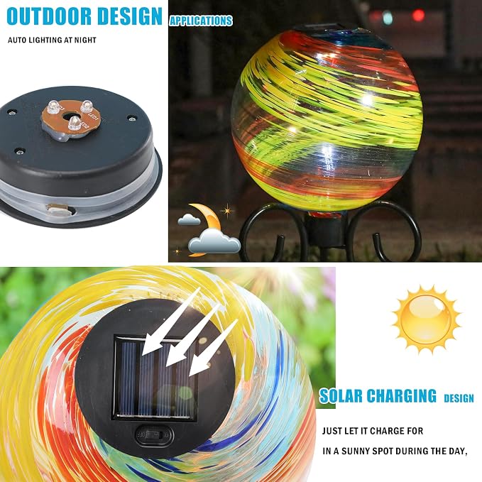 VCUTEKA Solar Gazing Ball, 10" Glass Gazing Balls Sphere with Solar Light for Garden Decor Lawn Outdoor Yard Decorative