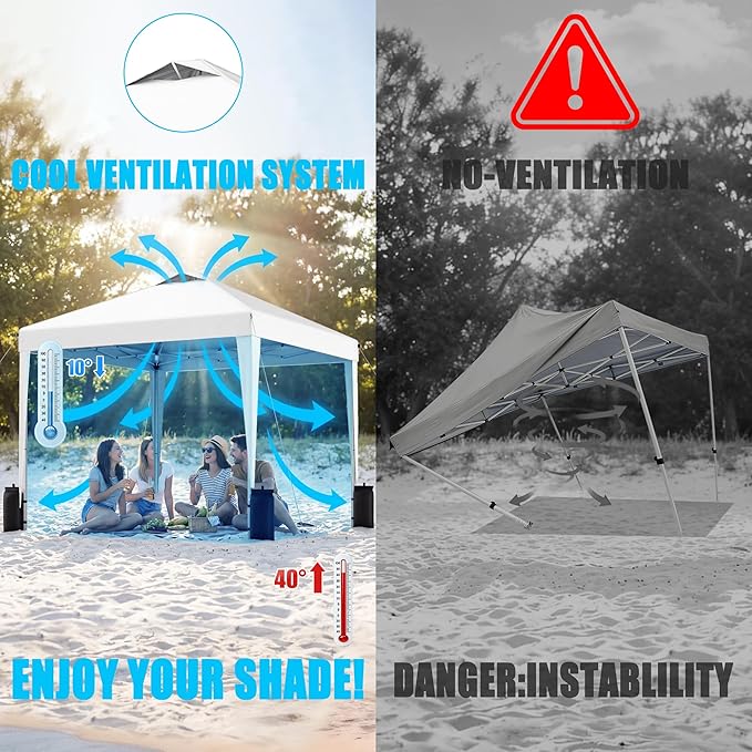 SANWAY 10x10 Pop Up Canopy Tent, One Push Setup, Heavy Duty Portable for Beach Camping Parties with Vents - Snow White