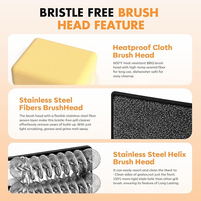 Electric Grill Brush - Bristle Free Grill Brush for Outdoor Grill, Cordless BBQ Grill Cleaner with 3 Heads, Rechargeable 240 Mins Runtime Barbecue Grill Cleaning Brush (Gray)