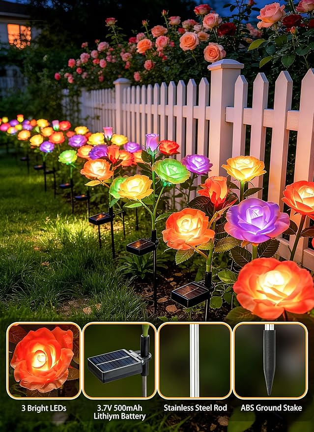 Brightown Outdoor Solar Flower Lights, 4 Pack 7-Color Changing Solar Garden Lights with Larger & More Realistic Rose, Bigger Solar Panel, Waterproof Solar Lights for Yard Garden Lawn Pathway Decor