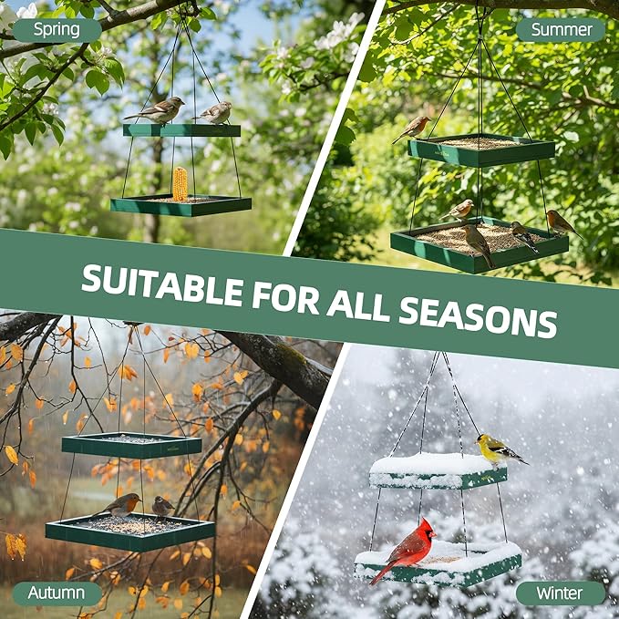 MIXXIDEA Bird Feeder Hanging Tray, 2-Tier Bird Feeders for Outdoors, Wooden Seed Tray Platform Mesh Seed Platform for Outside Garden Yard Decoration Attracting for Wild Birds (Green)