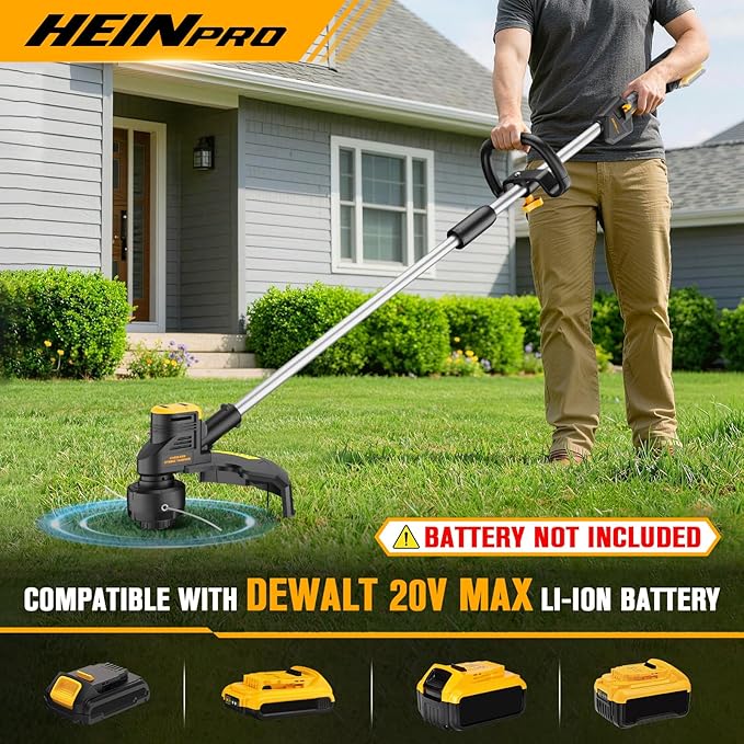 HEINPRO Cordless Weed Wacker Compatible with DeWalt 20V MAX Battery, 16" Brushless Weed Eater, Grass Trimmer for Lawn Care, Bump Feed, String Trimmer with 4 Bulk Trimmer Line Coils (Tool Only)