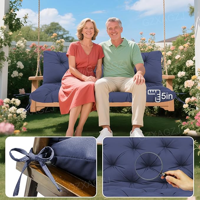 Porch Swing Cushions Outdoor 48 inch Waterproof Thicken 5" Backyard Swing Cushion with Backrest and Ties 2-3 Seat Outdoor Swing Cushions Replacement for Porch Patio Garden Lawn(Navy Blue)