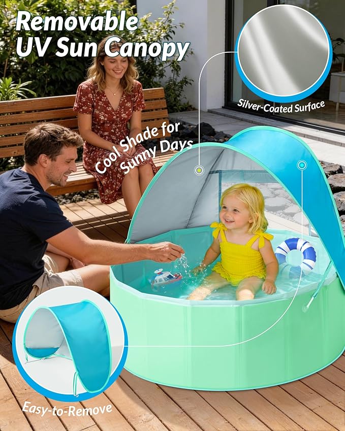 Hikiddy Foldable Kiddie Pool with Canopy: 31.5in/ 47in /63in for Baby Toddler Kids Family - Summer Water Play Pool with Shade - Portable for Outdoor Backyard Beach (Blue & Mint, 31.5in)