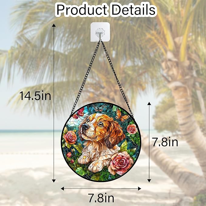 DASTOLL Stained Glass Window Hanging, Dog and Rose Suncatcher for Doors Home Butterfly Sun Catchers Decoration and Christmas, Mother's Day Birthday Gifts for Women, Men, and Mom 7.8 in
