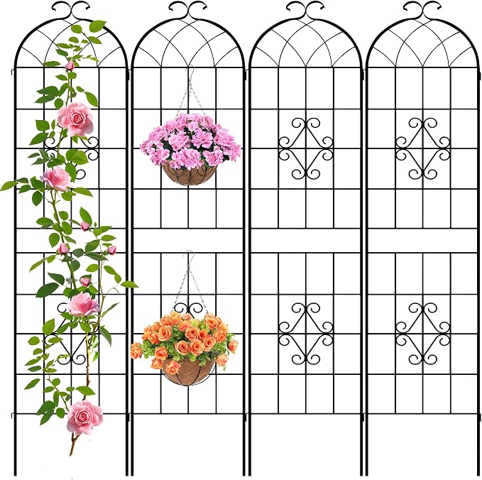 LZRS 4 Pack 78.7x20in Rustic Iron Arch Decoration Garden Trellis with Black Metal Coating – Perfect for Supporting Climbing Plants Outdoor, Roses, Vines, Flowers, and Vegetables.