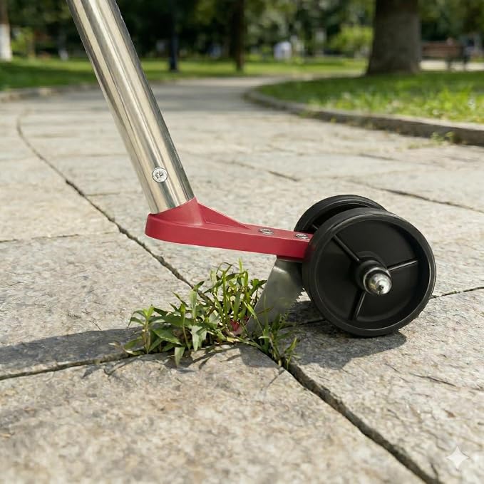 2-in-1 Crack Weeder Tool, Adjustable Long Handle Moss Remover with Wheeled Blade & Brush Head, Stainless Steel Crevice Weeding Puller for Sidewalk, Driveway, Patio, Pavers, Garden