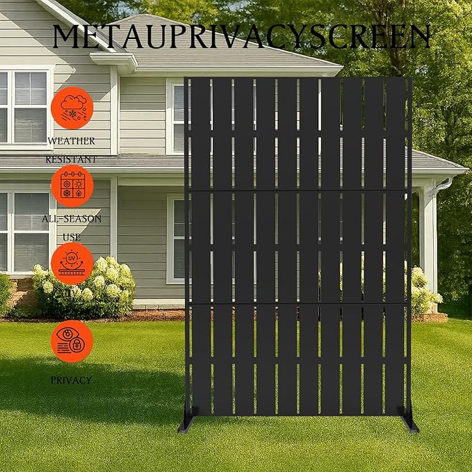 3-Panel Freestanding Metal Privacy Screen, 72" h x 47" w Per Panel, Indoor Outdoor Room Divider with Stand for Patio, Garden, Balcony, Deck, Weather-Resistant Decorative Fence Panel