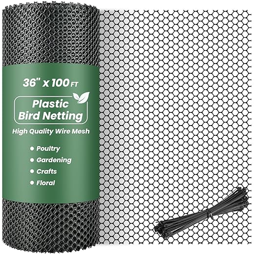 Toolterritary Plastic Wire Mesh 36IN x 100FT Chicken Wire Fencing for Floral Arrangements, Chicken Wire Mesh for Crafts with 100 Pcs Zip Ties,Gaden Netting for Dogs, Deers, Poultry
