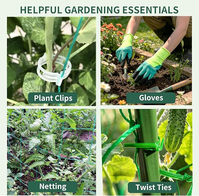 Miory Cucumber Trellis for Raised Bed, Garden Arch Trellis for Climbing Plants Outdoor, Steel with Plastic Coated Plant Support for Vines with Plastic Connector Nylon Netting (32" Lx32 Wx63 H)