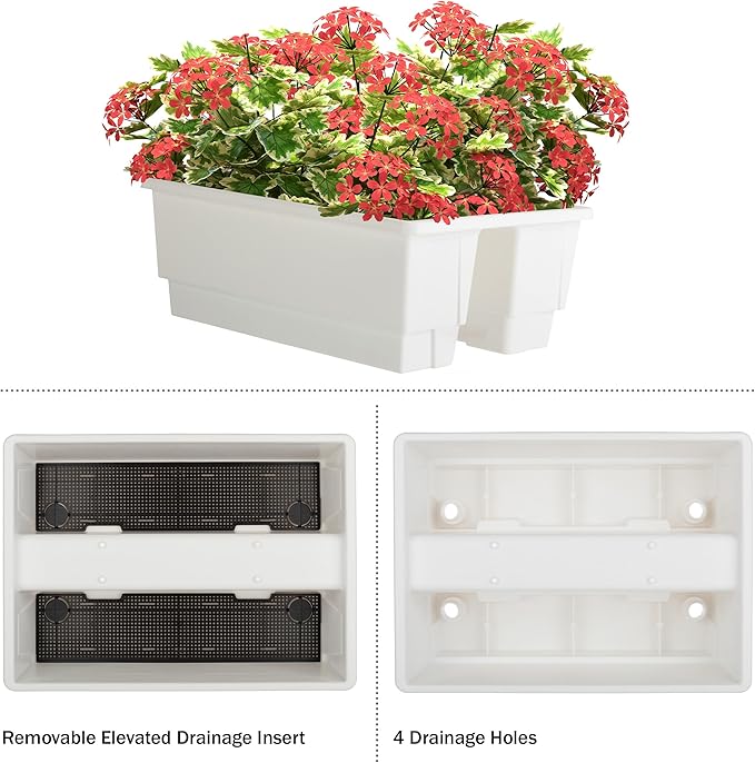 Railing Planter Box 2-Pack - 20.75-Inch Flower Boxes with Removable Drainage Inserts - 6-Gallon Outdoor Planters for Porch, Deck, or Balcony Decor, Fits Rail 3” - 4” by Pure Garden (White)