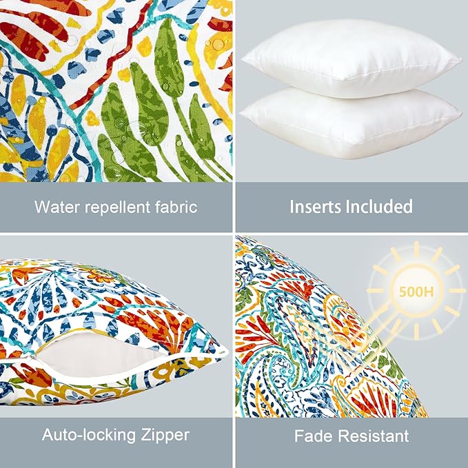 LVTXIII Outdoor Throw Pillows 16"x16" Patio Waterproof Square Pillows with Piping Fade Resistant Accent Pillow for Spring Summer Garden Decoration, Set of 2, Paisley Multi