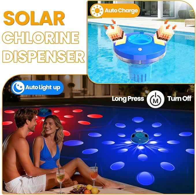 AquClor 2026 New Pool Chlorine Floater,Large Capacity Chlorine Floaters for 5 * 3'' Chlorine Tabs,Solar Chlorine Floater w/Light,Adjustable Floating Chlorine Dispenser for Pool,Hot Tub,Light Blue