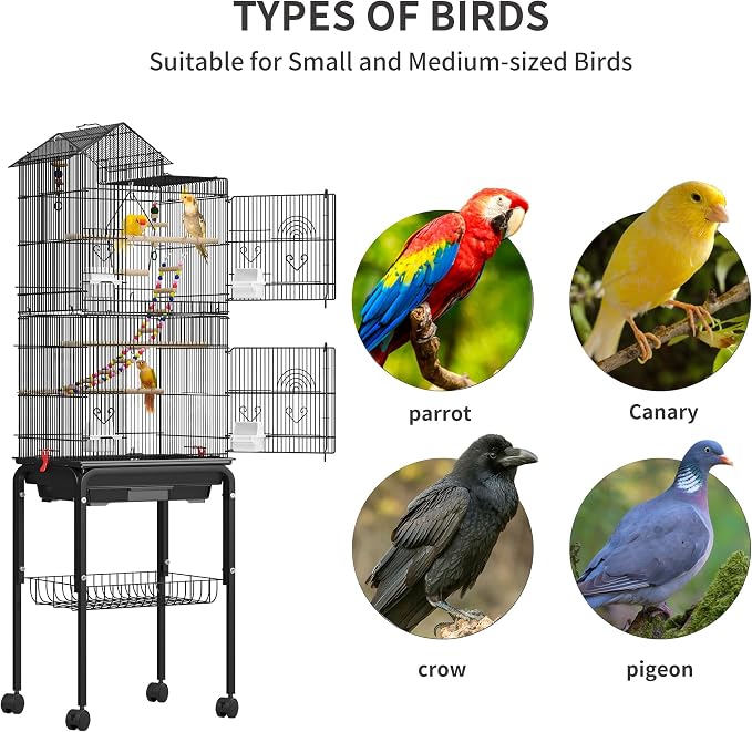 YITAHOME 62 inch Metal Bird Cage, Large Parakeet Cages | Bird Cage for Parrot, Cockatiel, Lovebird, Pigeon with Roof Top, Rolling Stand and Hanging Accessories