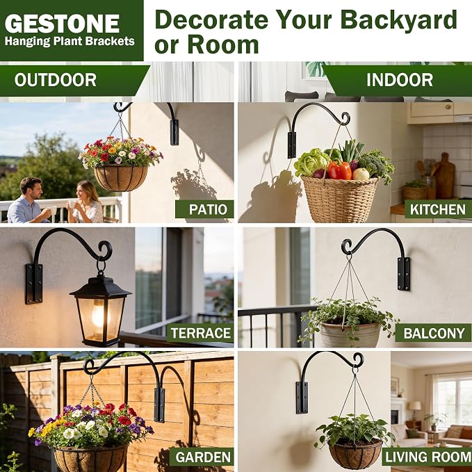 Heavy Duty 16 Inch Plant Hangers Bracket Outdoor, 60lbs Weight Capacity-4 Pack Metal Wall Hooks for Hanging Plants, Bird Feeder, Wind Chime, Wall Decor, Plant Hanger Hooks for Hanging Flower Baskets