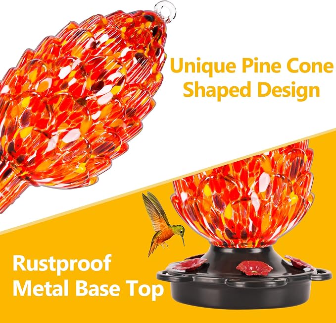 LUJII Pine Cone Shaped Hand Blown Glass Hummingbird Feeder for Outdoors Hanging, Rust Proof & Leak Proof, 25 fl.oz, Unique Gift for Bird Lover, Garden & Backyard Decor, Red
