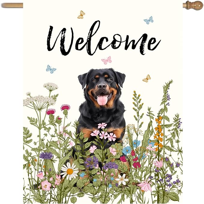 Floral Rottweiler Garden Flag Spring Summer House Flags 28 x 40 Double Sided Flower Dog Yard Flags for Outside Large Outdoor Welcome Flags