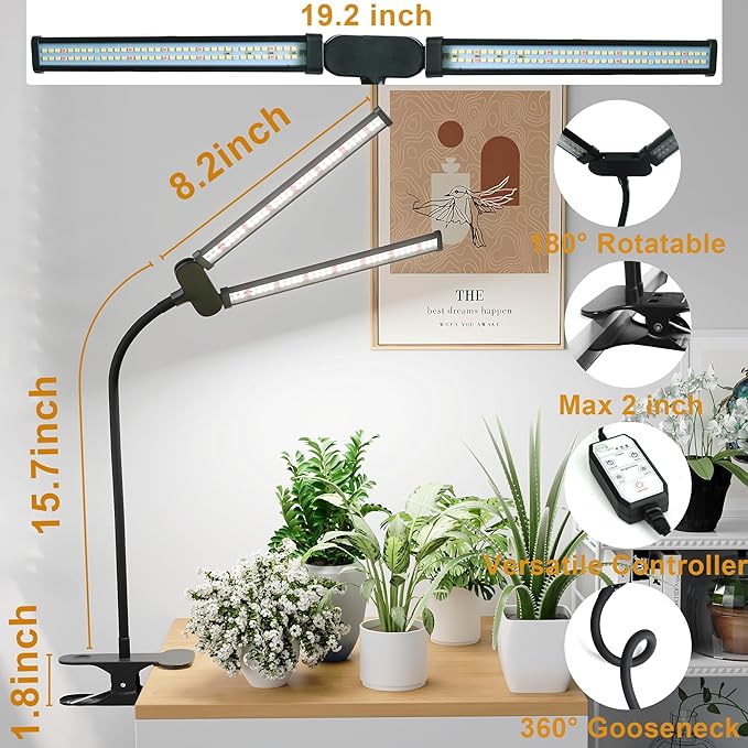 Juhefa LED Grow Light,Super Bright 6000K White Full Spectrum Clip Plant Growing Lamp with Rotatable Dual Head for Indoor Desk Plants,Dimmable & Timer 4/8/12H,High Power Output for Faster Growth,1-Head