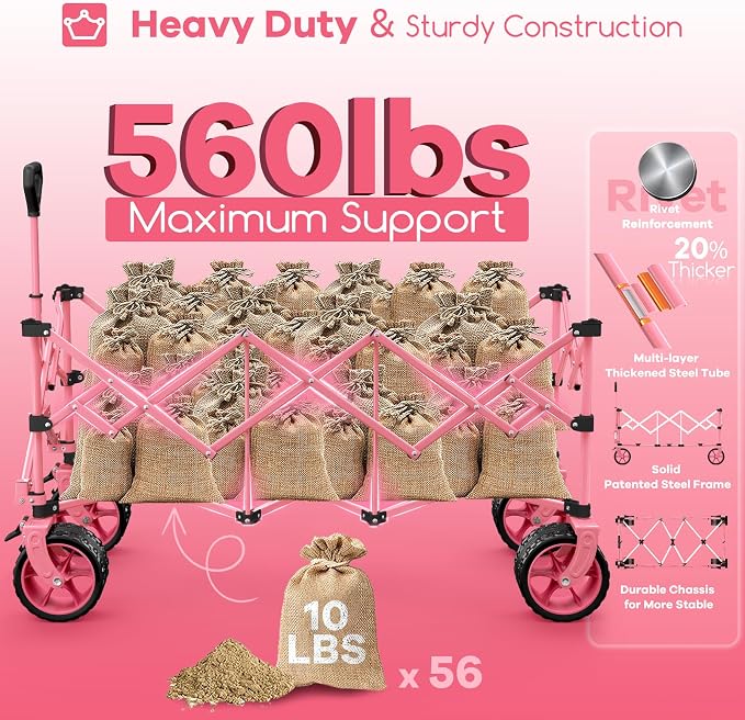 Originsure 48" L Collapsible Wagon Cart Foldable, 560lbs Weight Capacity 300L Heavy Duty Folding Beach Wagons with Big All-Terrain Wheels, Utility Carts for Groceries, Camping, Sports - Pink