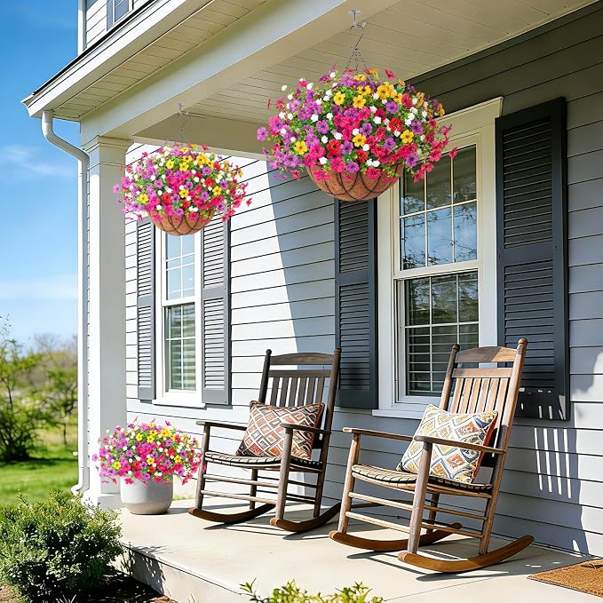 INXUGAO Artificial Silk Flowers Hanging Baskets Outdoors Indoors, Daisy with Eucalyptus Leaves Arrangement for Garden Yard Spring Summer Decor Faux Green Plant Metal Coconut Lining