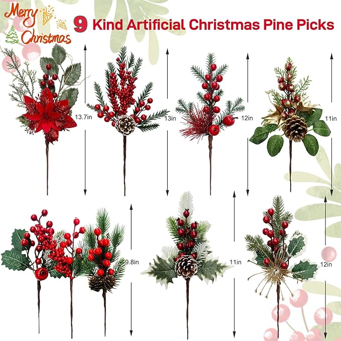 Christmas Floral Flowers Picks Artificial Red Berry Stems with Pinecones Pick and Sprays for Christmas Tree Wreath Winter Car Room Holiday Decorations 9 Pack