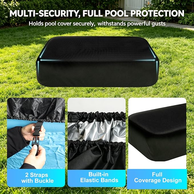 Rectangle Inflatable Pool Cover, Fits 103" L x 69" W Blow Up Pool Cover with Elastic Edge and 2 Buckle Straps, Thickened Waterproof Oxford Inflatable Pool Cover for Above Ground Pool