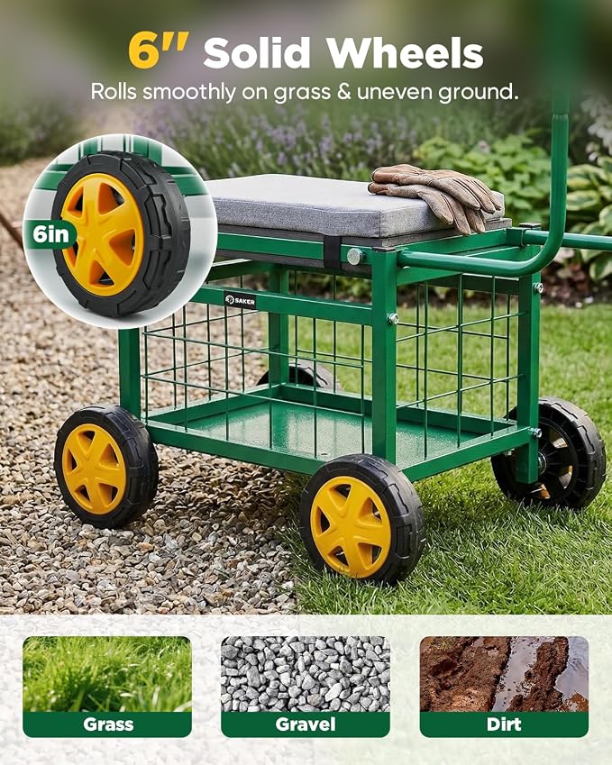 Saker Rolling Garden Cart with Seat & Wheels - 15.7'' EVA Padded Rolling Stool, 500 lb Steel Frame, Large Storage Basket - Garden Wagon Workseat for Patio Lawn Yard (Luxury Version)