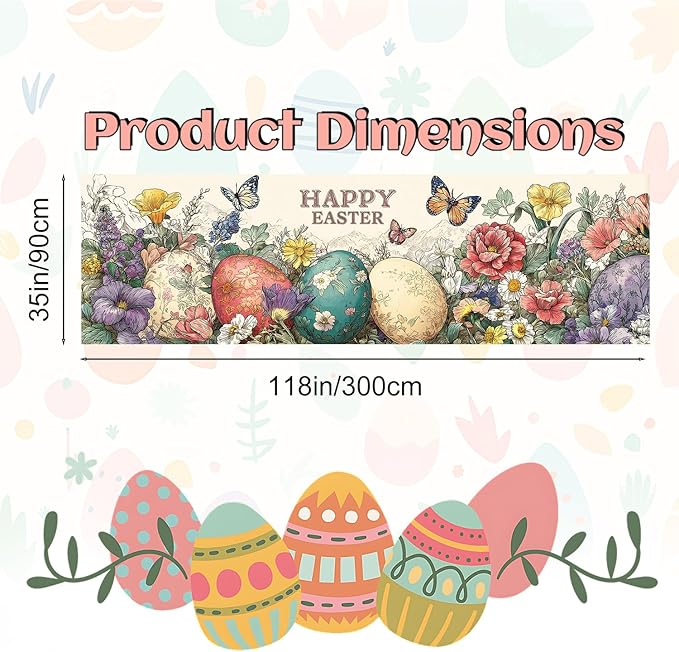 Happy Easter Fence Banner 118 x 35 Inch, Large Waterproof Outdoor Easter Eggs Banner with Flowers & Butterflies for Yard Porch Fence Spring Decorations