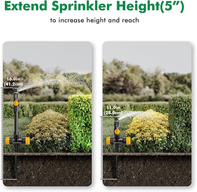 RESTMO Above Ground Sprinkler System,Irrigation Sprinklers for Yard,Yellow | DIY Flexible Metal Spike Sprinkler, Tool-Free, Adjustable Angle/Flow, 3 Sprinklers & 30ft Hose, Ideal for Plants & Gardens