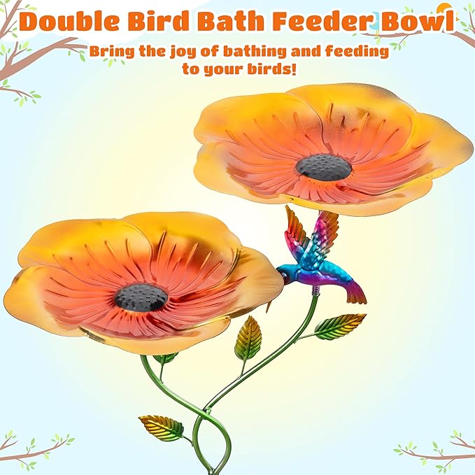 37.4 Inch Floral Metal Bird Bath for Outside - Standing Bird Feeder with Dual Flower Bowls Detachable Birdbath with Hummingbird Decor Metal Stake Base for Garden Yard Outdoor (Yellow)