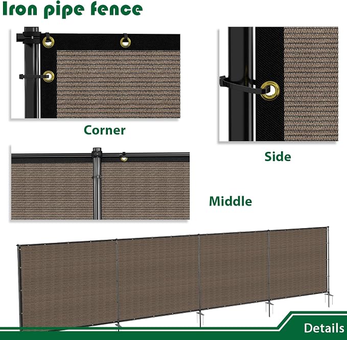 5'Hx72'W Outdoor Freestanding Privacy Screen Fence Panels with Iron Poles, Mesh Shade Net Cover Temporary Fencing for Patio Backyard Garden Deck, Brown
