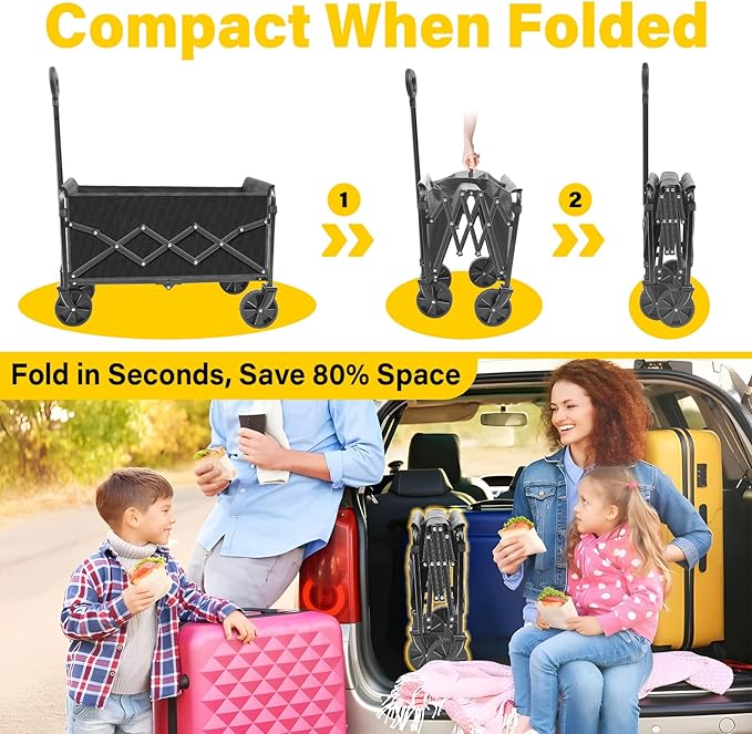 Wagons Carts Foldable, Collapsible Wagon with Wheels — Foldable Wagon for Groceries,Picnic,Beach,Camping, Small Hauls, Apartment Moving Storage, Portable Utility Folding Wagon Cart, 360lbs, Black